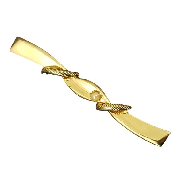 Vintage MCM Sweater Bar Pin Etched With Faux Seed Pearl Safety C Clasp Excellent - Picture 1 of 6
